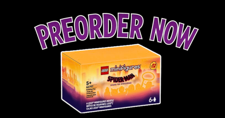 The text "PREORDER NOW" with a box showing LEGO minifigures for Spider-Man.