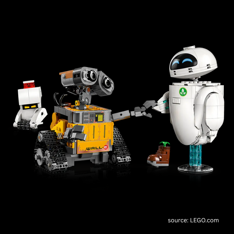 Fully built LEGO set 43279 of WALL-E and EVE holding hands.