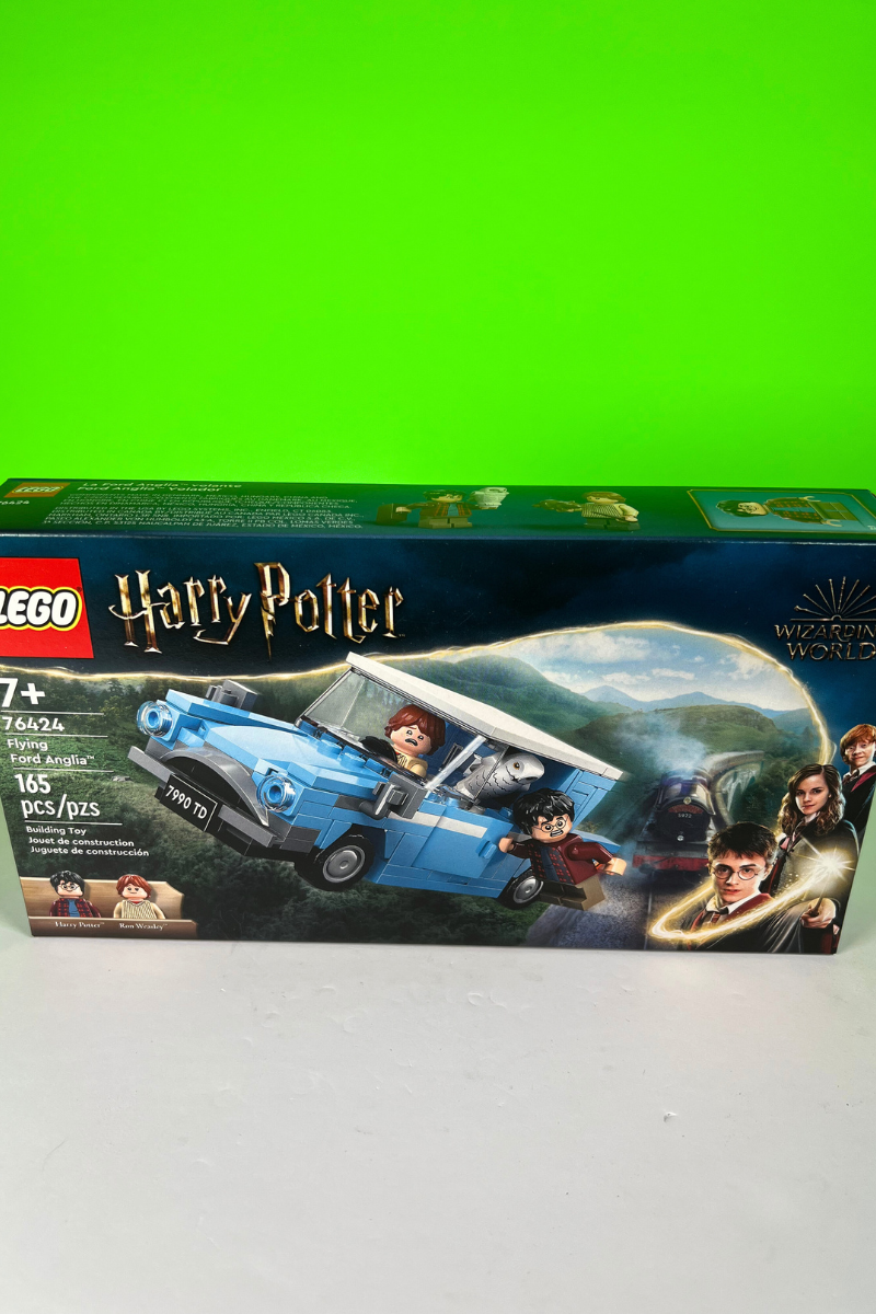 Black LEGO box containing LEGO Ford Anglia set