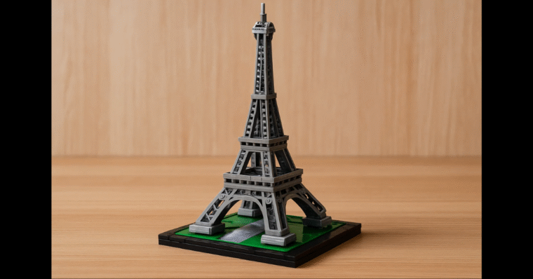 Eiffel Tower made from LEGO bricks with nice wooden backdrop