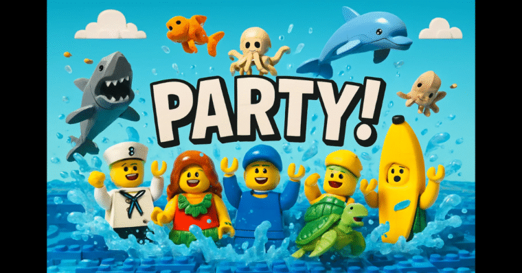 LEGO Mini figures and creatures jumping out of an ocean with the words 'PARTY!'