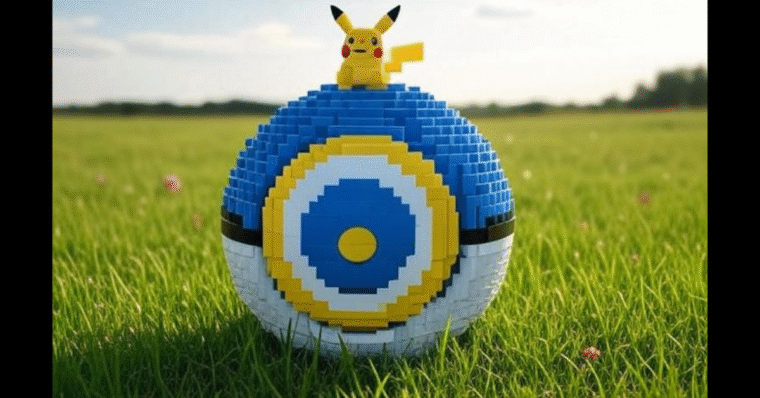 Massive Pokemon Ball with Pikachue sitting on top of it made from LEGO pieces on a grassy field