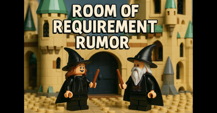 Two LEGO wizards and witches in front of a LEGO castle