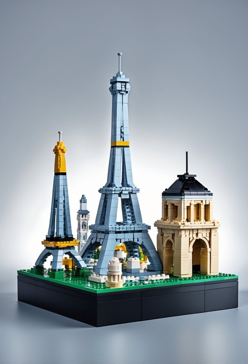 A miniature LEGO model displaying famous Paris landmarks including the Eiffel Tower, Notre-Dame Cathedral, the Louvre Pyramid, and the Arc de Triomphe arranged together on a display base.