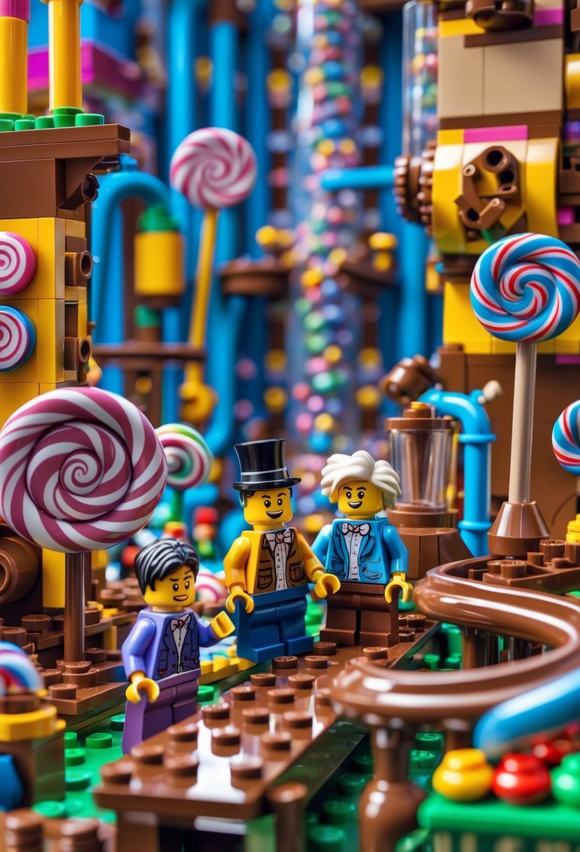 A LEGO model of a colorful chocolate factory with miniature figures and candy-themed machinery.
