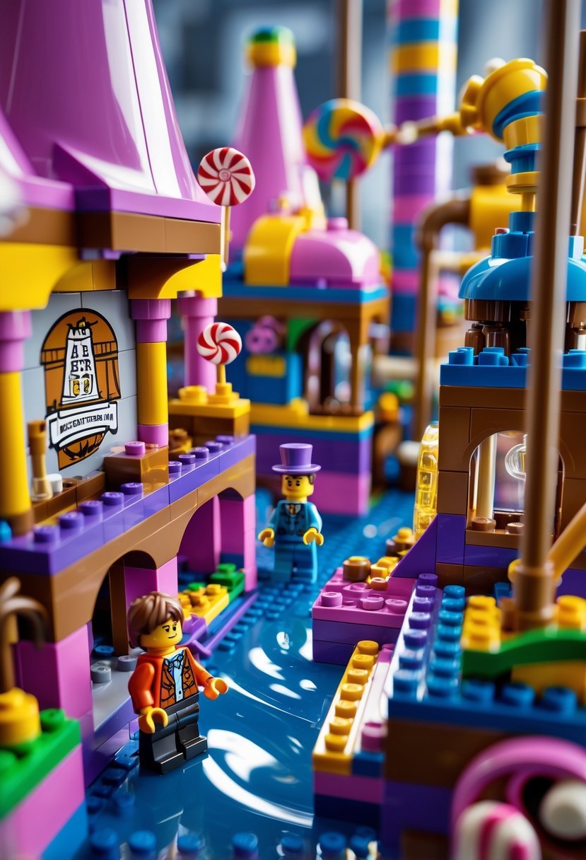 A LEGO scene showing a chocolate factory with colorful buildings, chocolate rivers, candy decorations, and minifigures of a man and children exploring the factory.