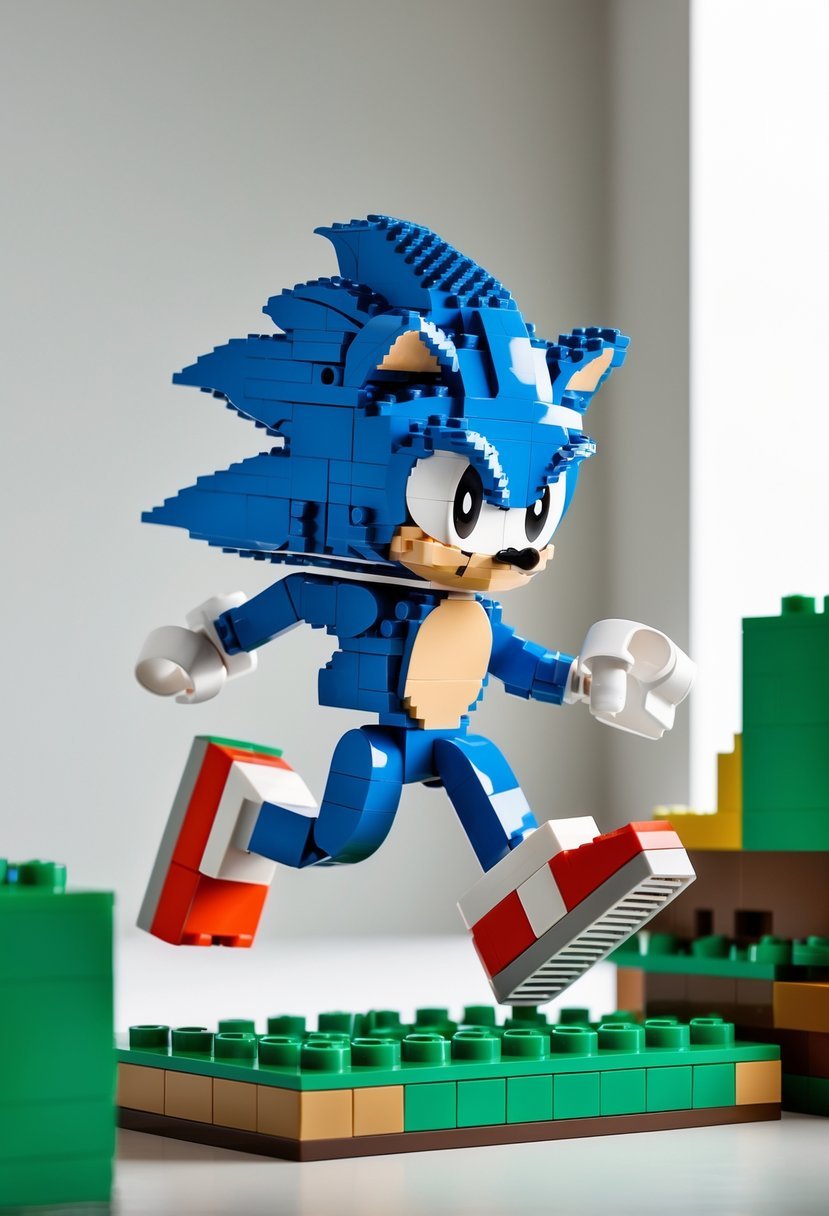 A LEGO model of Sonic the Hedgehog in a running pose on a base inspired by Green Hill Zone.