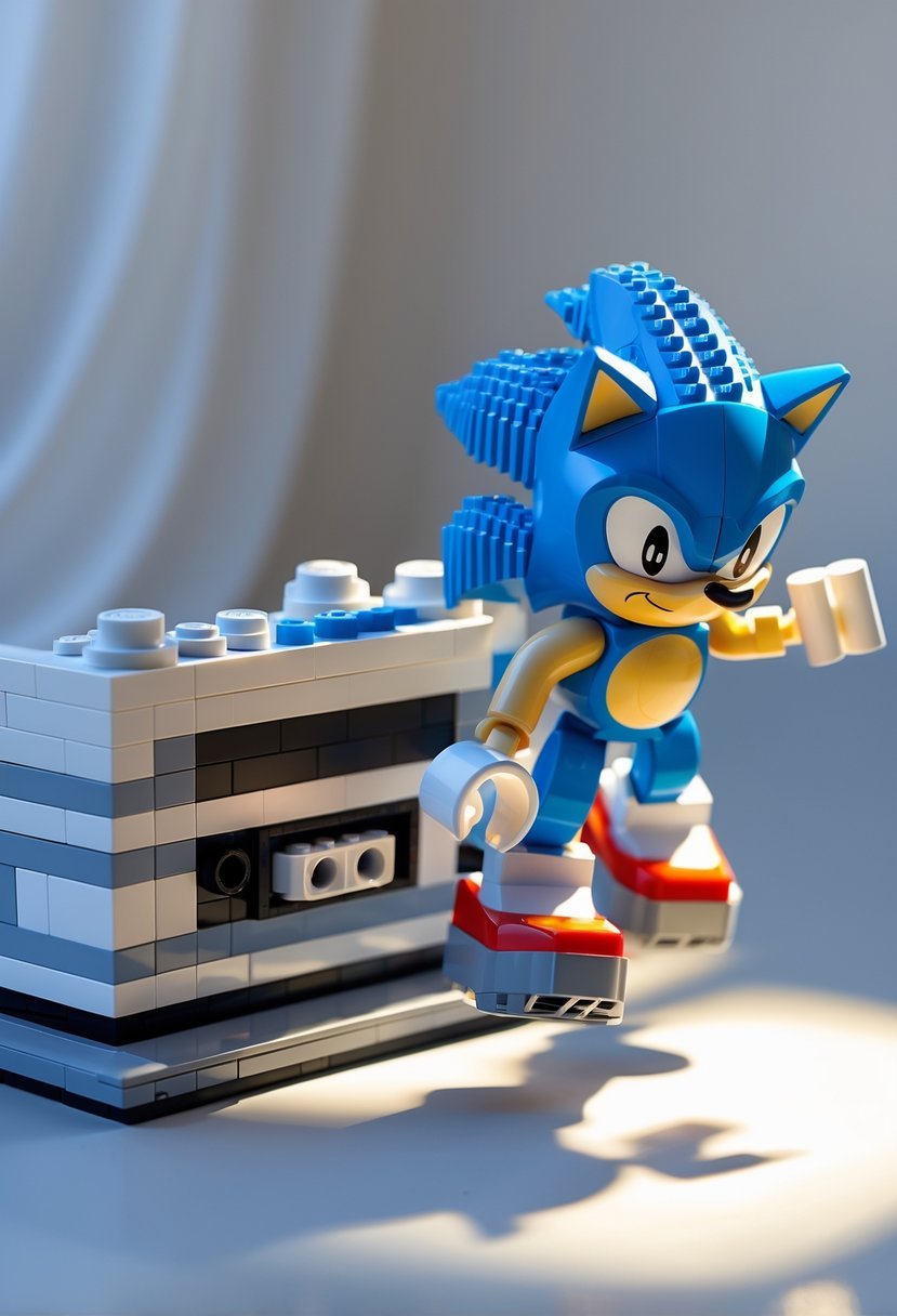 A 3D rendering of a LEGO model of a Sega Genesis console with a LEGO Sonic the Hedgehog figure beside it.
