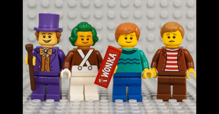 LEGO Willy Wonka Minifigures standing in a row