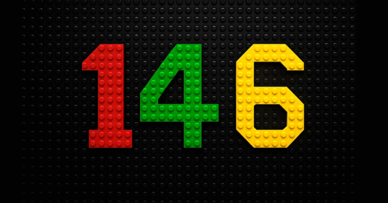 Colorful LEGO pieces spelling out the number '146'
