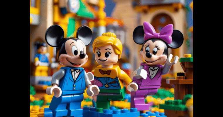 Disney scene of Mickey and Minnie Mouse in LEGO
