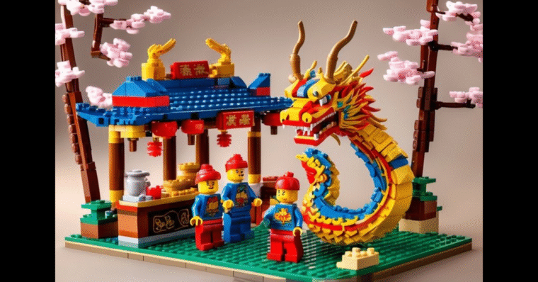A Chinese New Year scene made entirely from LEGO