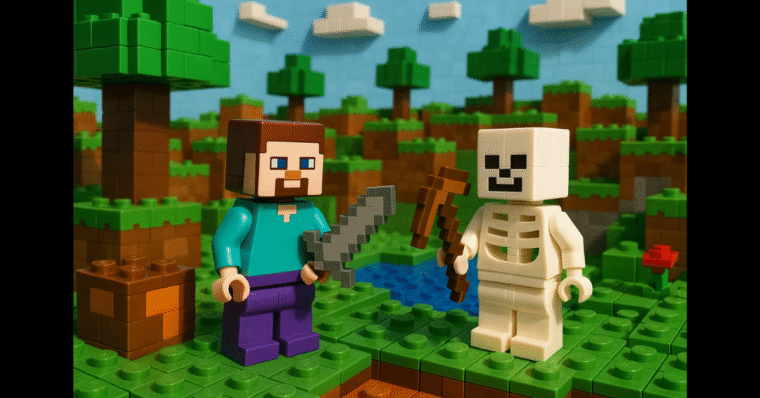 Two Minecraft figures in a LEGO scene