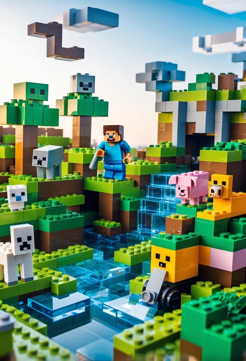 A LEGO Minecraft scene featuring characters, animals, and structures in a blocky landscape with trees, water, and a village.