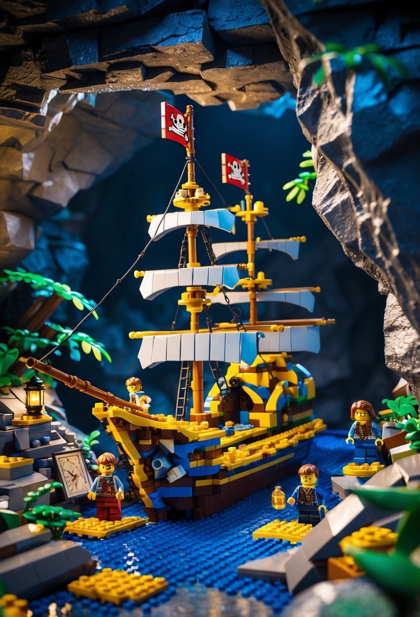A LEGO model showing a pirate ship inside a rocky cave with small figures of children exploring around treasure and maps.