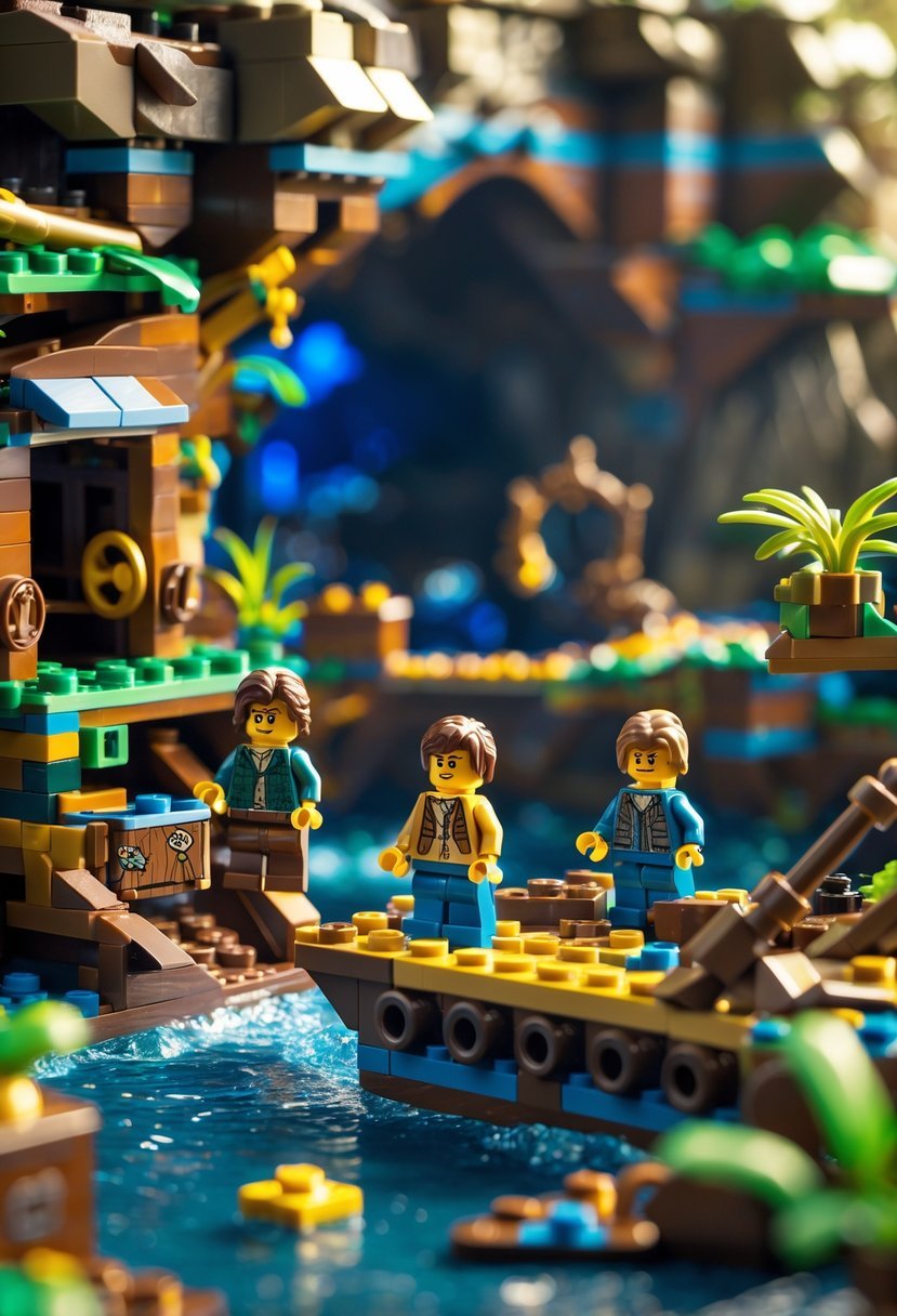 A LEGO scene showing a pirate shipwreck with treasure chests, rocks, greenery, and small figures of children exploring around the wreck and cave entrance.
