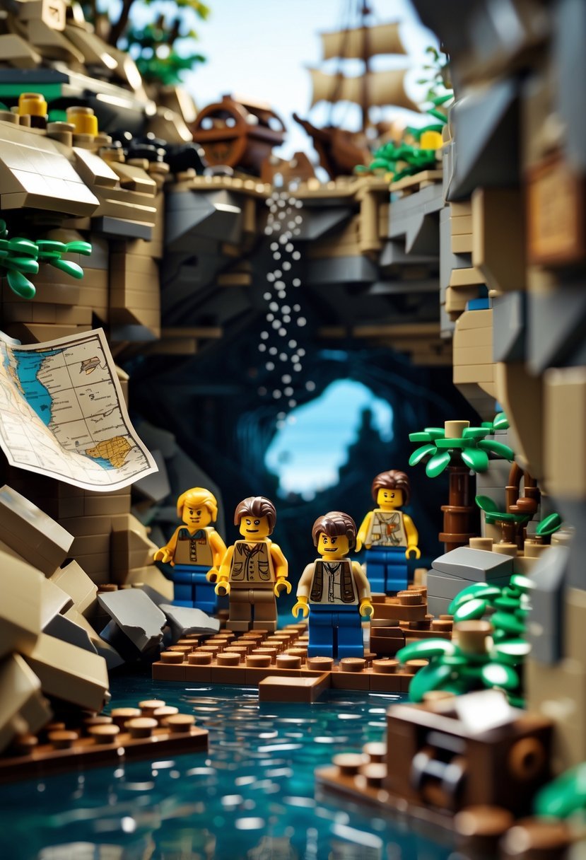 A group of LEGO minifigures exploring a rocky cave entrance near a pirate shipwreck on a rugged coastline.