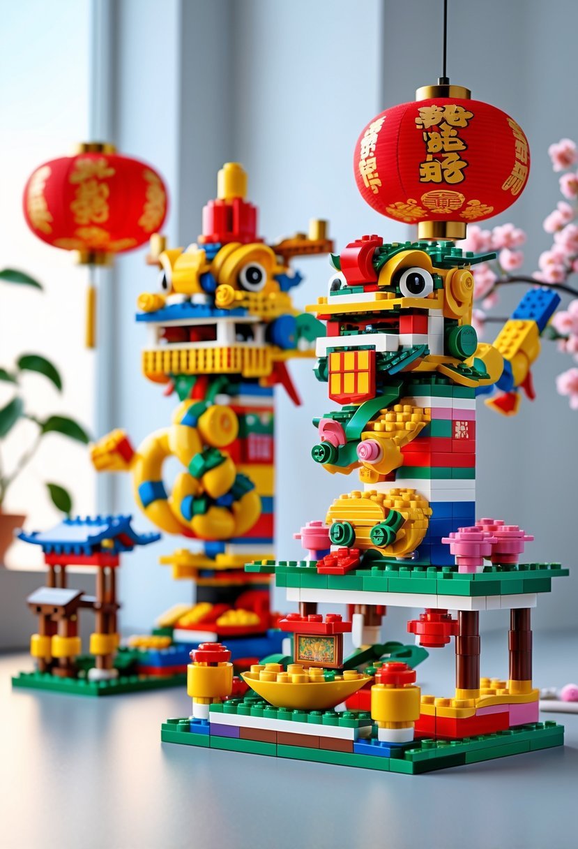 Two colorful LEGO models inspired by Chinese New Year decorations, featuring dragon and lion dance figures with festive lanterns and cherry blossoms.