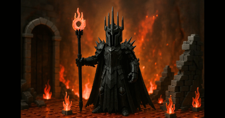 Scene of LOTR Sauron made entirely from LEGO