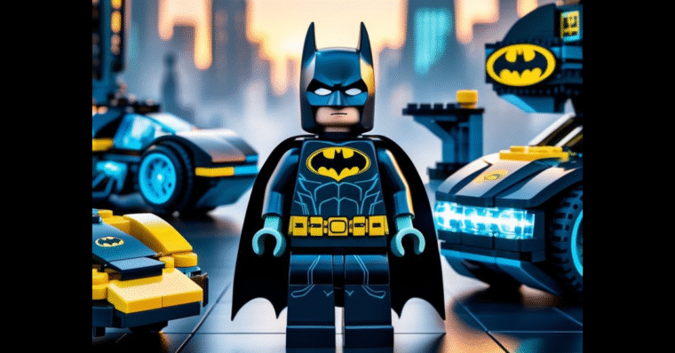 LEGO Batman standing in front of a cityscape