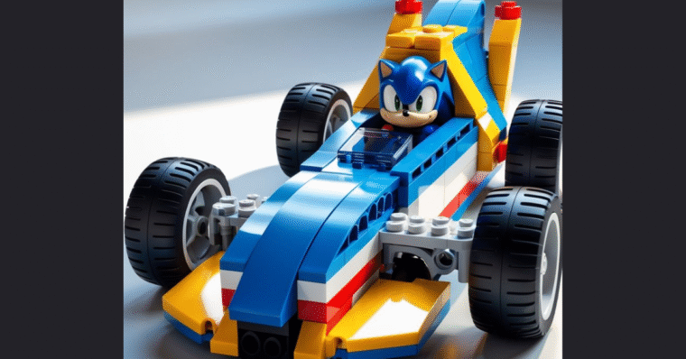 LEGO scene of Sonic the Hedgehog in a race car