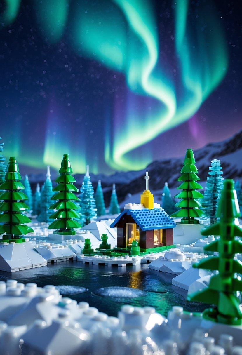 A LEGO diorama showing a snowy landscape with trees and a cabin under colorful northern lights in the night sky.