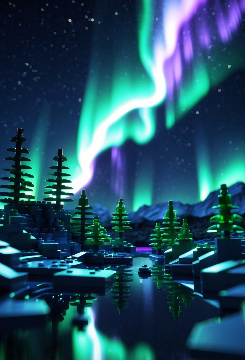 A small LEGO landscape with trees and rocky terrain under a night sky lit by colorful northern lights reflecting on a calm water surface.