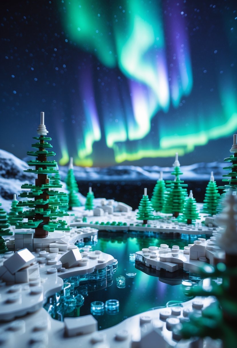 A miniature snowy landscape with pine trees and a frozen lake under colorful northern lights in the night sky.
