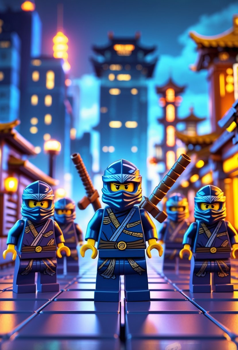 A group of LEGO Ninjago minifigures in ninja armor posed on a rooftop in a cityscape with glowing lights and Asian architectural details.