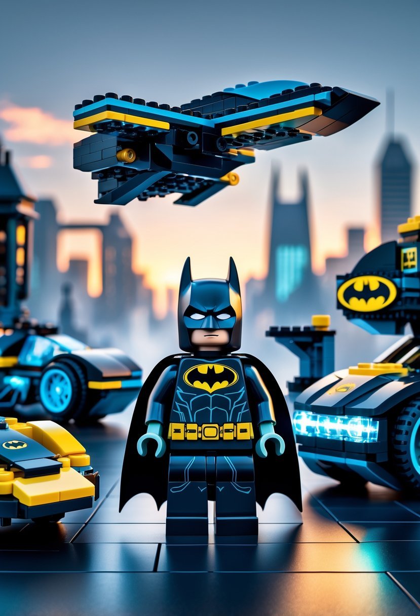 A LEGO Batman figure stands in the center surrounded by LEGO vehicles and a Batcave playset with a Gotham City skyline in the background.