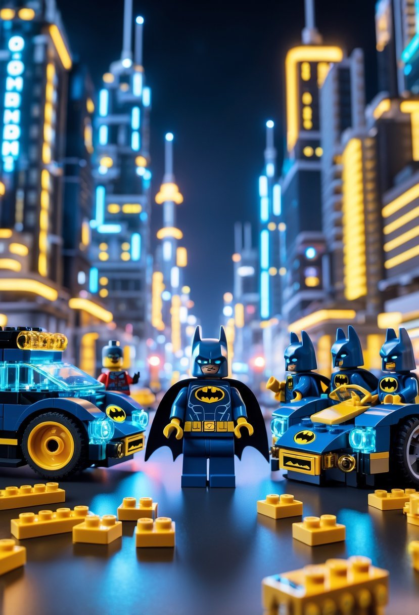 A scene with LEGO Batman minifigures, golden LEGO bricks, and LEGO vehicles in a futuristic city setting with glowing lights.