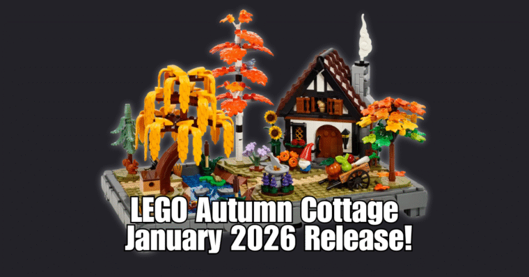 A cozy cottage in autumn scenery built out of LEGO